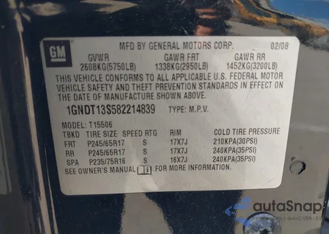 2008 Chevrolet Trailblazer Lt from USA, damaged, VIN 1GNDT13S582214839